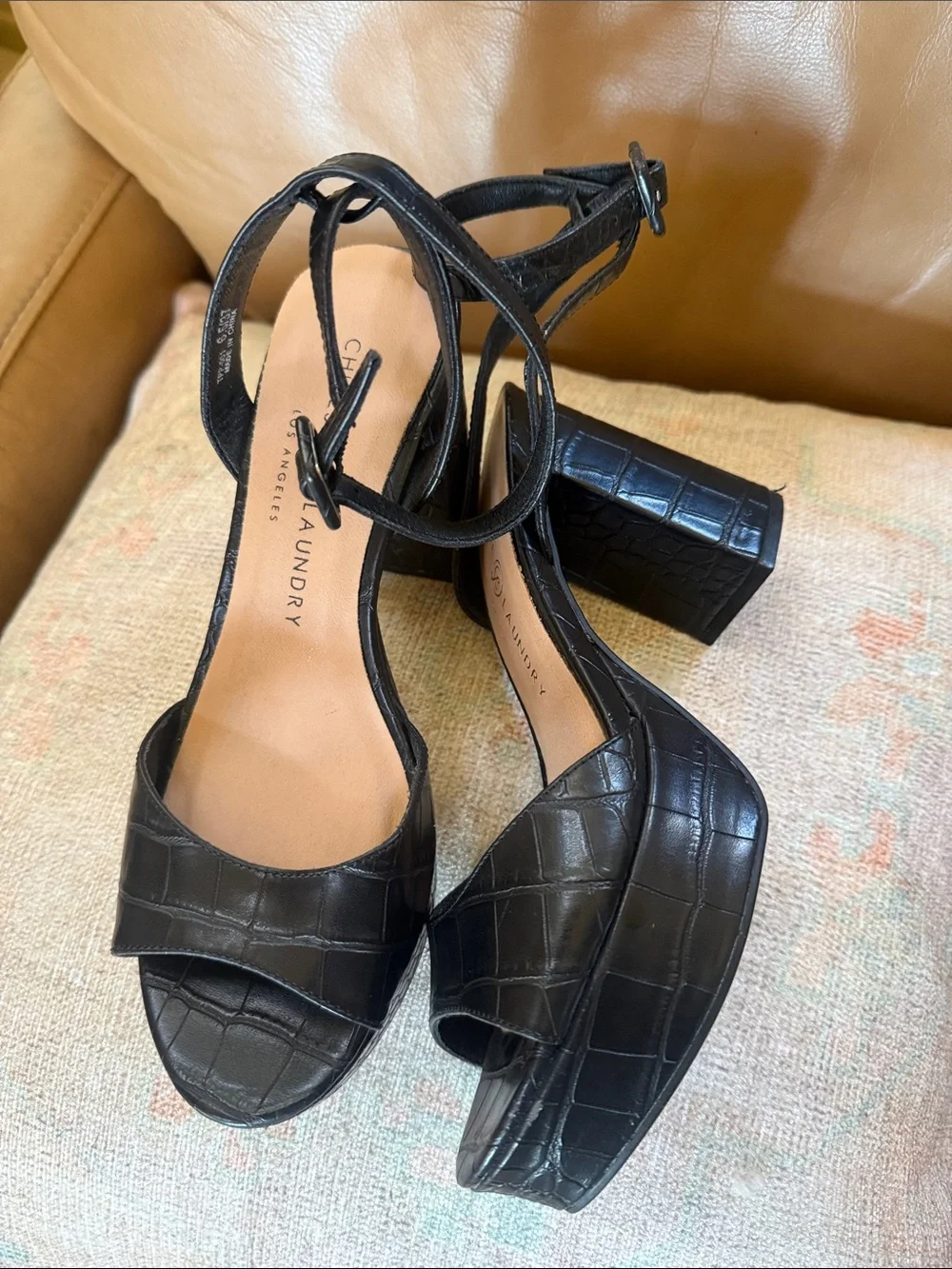 Chinese Laundry Black Croc-Embossed Platform Sandals